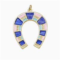 Copper Horse-Shoe Pendant Pave Zirconia Blue Enamel Gold Plated, approx 27-32mm