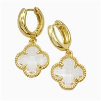 Copper Clover Hoop Earrings Pave Clear Crystal Glass Gold Plated, approx 16mm, 15mm dia