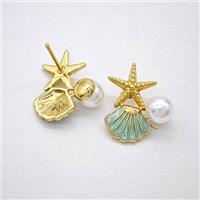 Copper Starfish Scallop Stud Earrings Pave Pearlized Resin Enamel Gold Plated, approx 7mm, 12-20mm