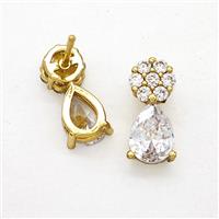 Copper Flower Stud Earrings Pave Zirconia Crystal Glass Teardrop Gold Plated, approx 6-14mm