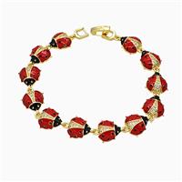 Copper Ladybug Bracelet Pave Zirconia Red Enamel Gold Plated, approx 11mm, 18cm length