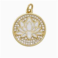 Copper Lotus Pendant Pave Zirconia White Enamel Flower Gold Plated, approx 17.5mm