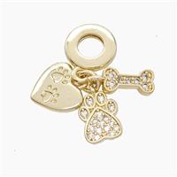 Copper Heart And Dogbone Paws Pendant Pave Zirconia Gold Plated, approx 5-10mm, 10mm dia