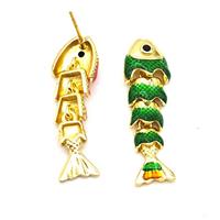 Copper Fish Stud Earrings Green Enamel Gold Plated, approx 8-32mm
