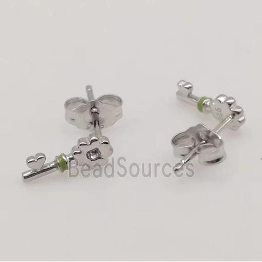 sterling silver Earring studs, key charm, enamel