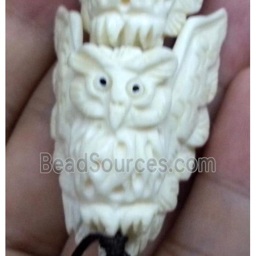 antique cattle bone owl bead charm