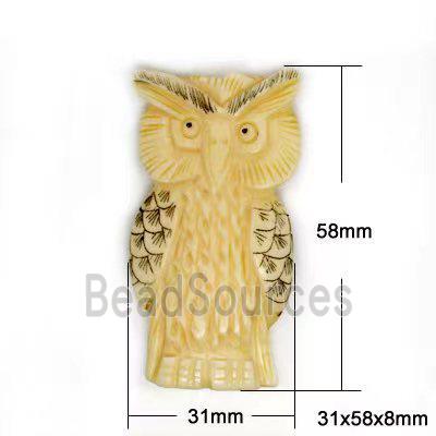 antique cattle bone beads, owl charm, yellow