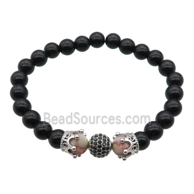 black Onyx Agate Bracelet with crown, stretchy