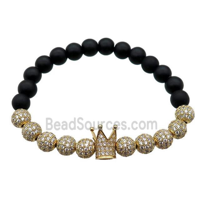 black matte Onyx Agate Bracelet with crown, stretchy