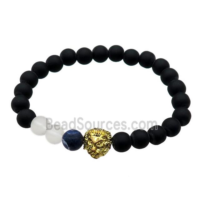 black matte Onyx Agate Bracelet with lion, stretchy