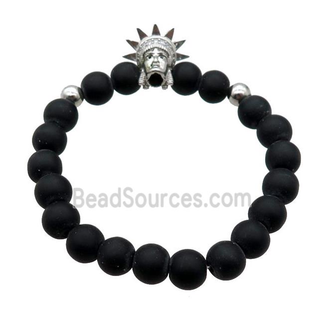 black matte Onyx Agate Bracelet with goddess, stretchy