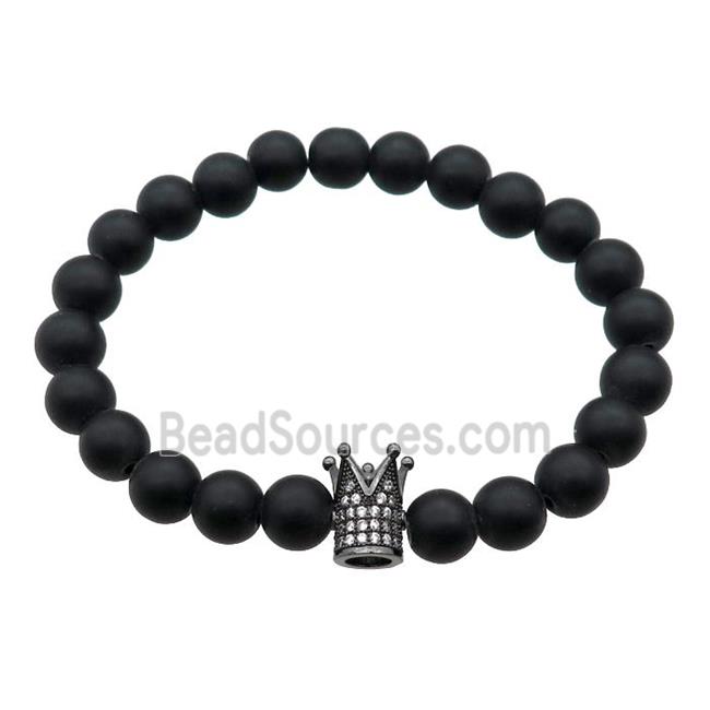 black matte Onyx Agate Bracelet with crown, stretchy