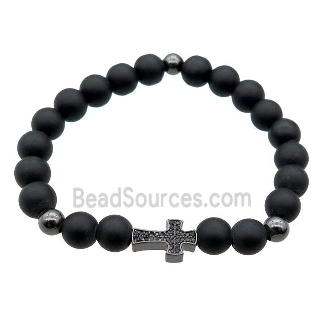 black matte Onyx Agate Bracelet with cross, stretchy