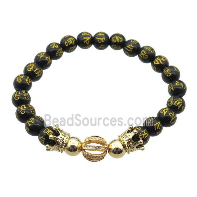 black Onyx Agate Bracelet with sutra, crown, stretchy