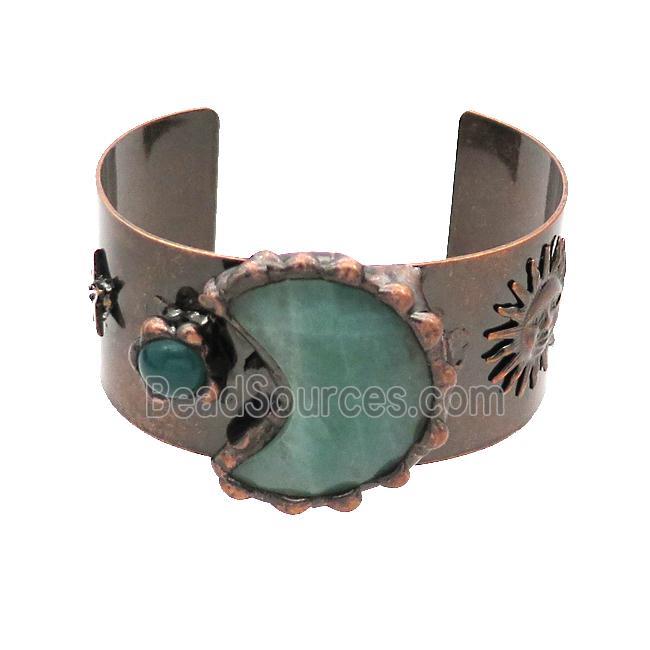 Copper Bangle Pave Gemstone Antique Red Green Aventurine Moon