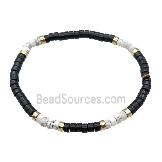 White Howlite Bracelet Stretchy Black Obsidian