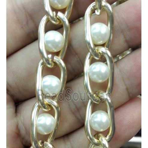 Aluminium Chain with glass pearl bead, gold plated