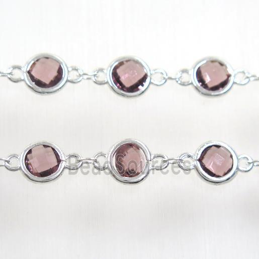 copper chain with lt.purple Chinese crystal glass, silver plated