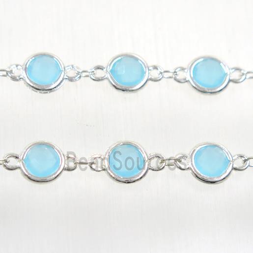 copper chain with aqua Chinese crystal glass, silver plated