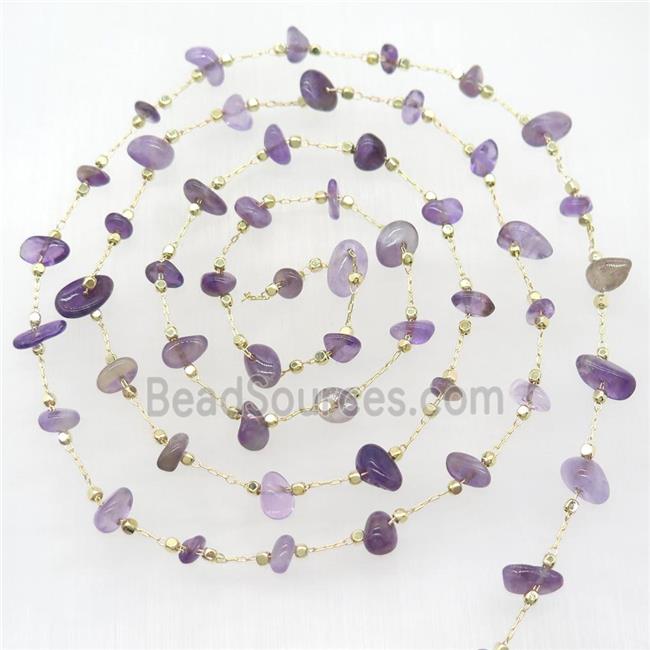 purple Amethyst chips beads chain, gold plated