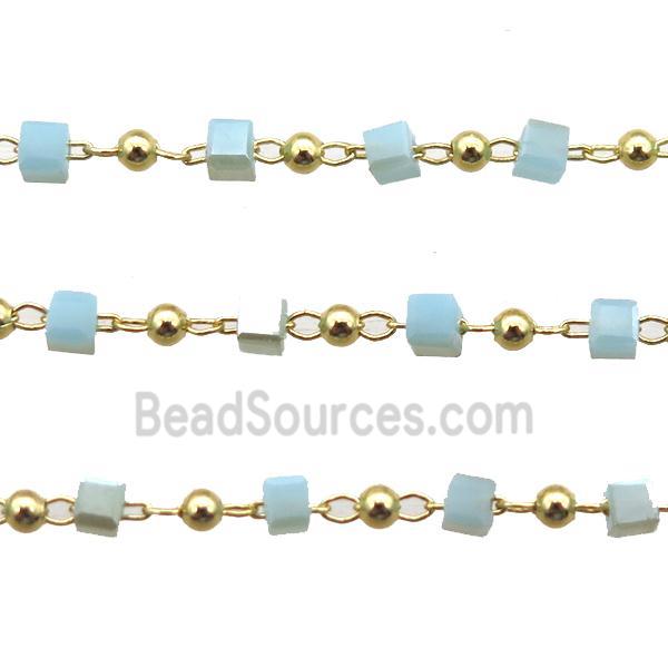 copper chain with blue crystal glass cube beads, gold plated