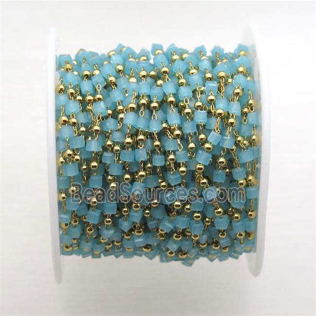 copper chain with blue crystal glass cube beads, gold plated