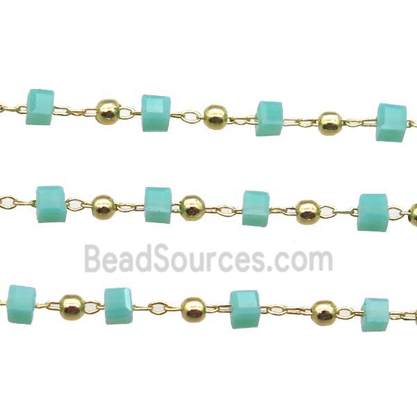 copper chain with green crystal glass cube beads, gold plated