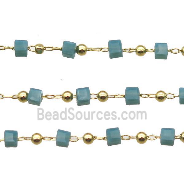 copper chain with green crystal glass cube beads, gold plated