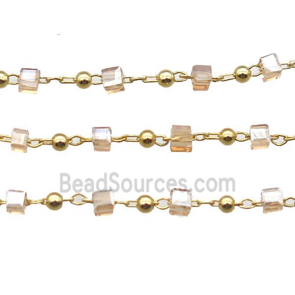 copper chain with crystal glass cube beads, gold plated