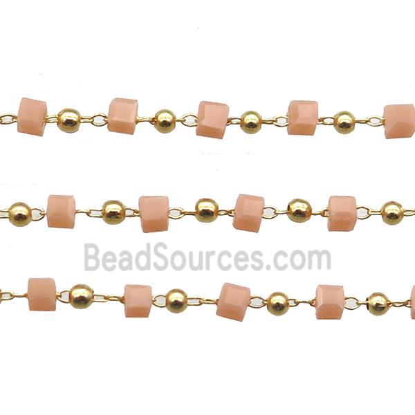 copper chain with peach crystal glass cube beads, gold plated