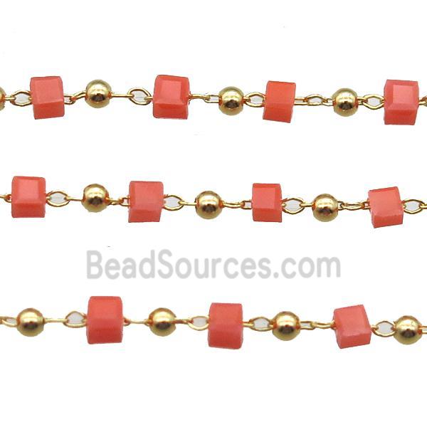 copper chain with red crystal glass cube beads, gold plated