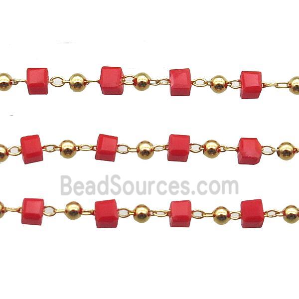 copper chain with red crystal glass cube beads, gold plated