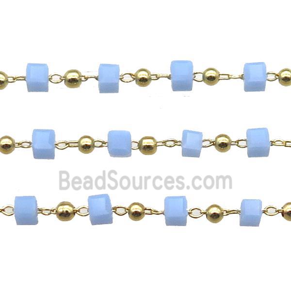 copper chain with blue crystal glass cube beads, gold plated