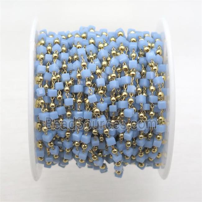 copper chain with blue crystal glass cube beads, gold plated