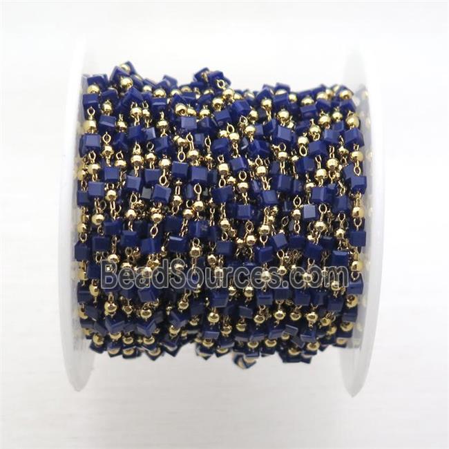 copper chain with blue crystal glass cube beads, gold plated