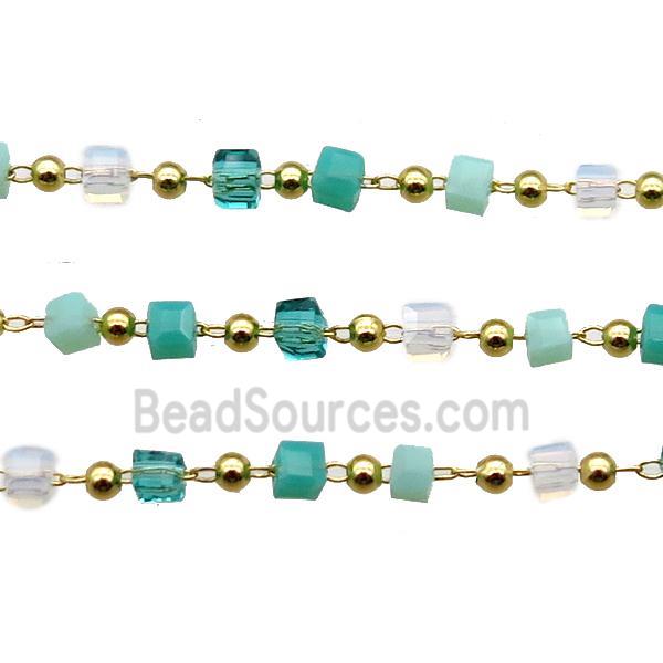 copper chain with crystal glass cube beads, gold plated