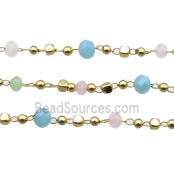 copper chain with crystal glass bead, faceted rondelle, gold plated