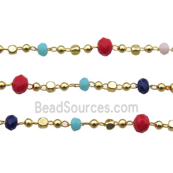 copper chain with crystal glass bead, faceted rondelle, gold plated