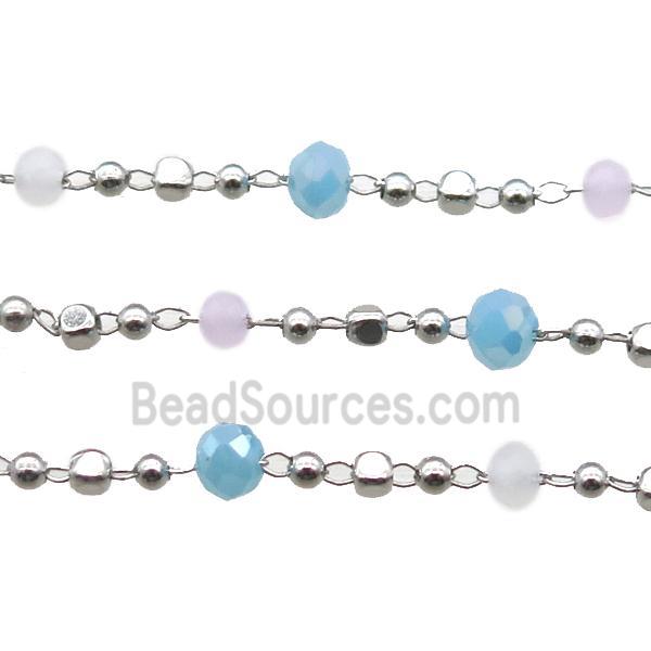 copper chain with crystal glass bead, faceted rondelle, platinum