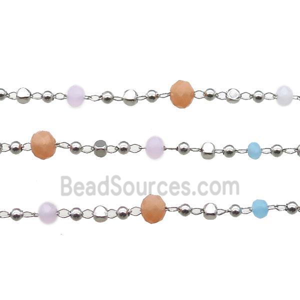 copper chain with crystal glass bead, faceted rondelle, platinum