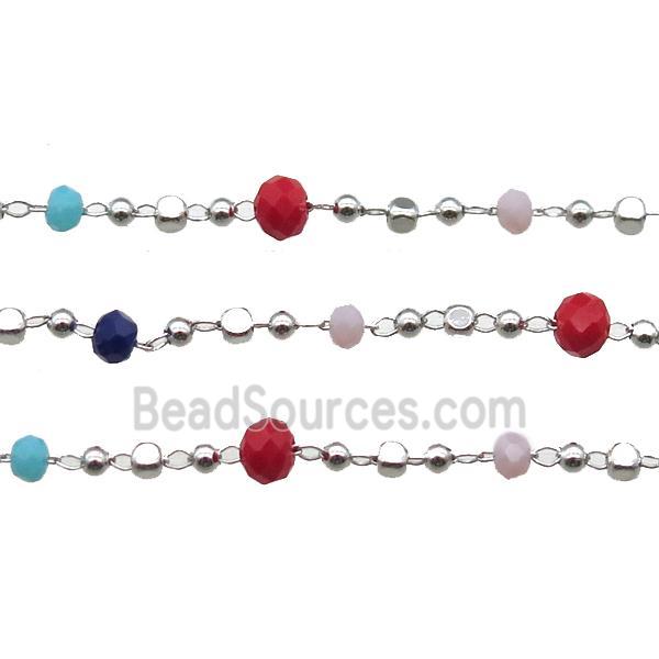 copper chain with crystal glass bead, faceted rondelle, platinum