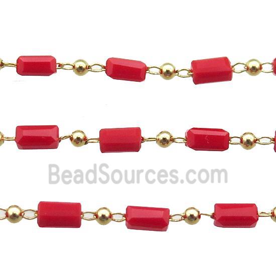 copper chain with red crystal glass beads, tube, gold plated