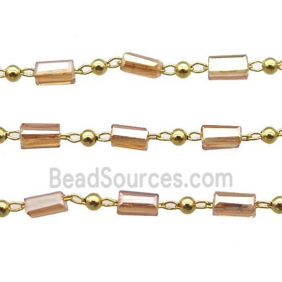 copper chain with champagne crystal glass beads, tube, gold plated