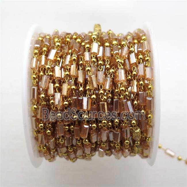 copper chain with champagne crystal glass beads, tube, gold plated