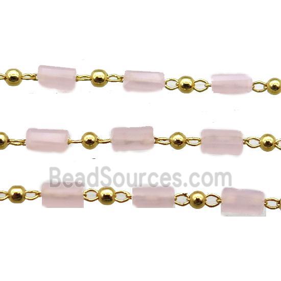 copper chain with pink crystal glass beads, tube, gold plated