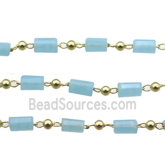 copper chain with blue crystal glass beads, tube, gold plated