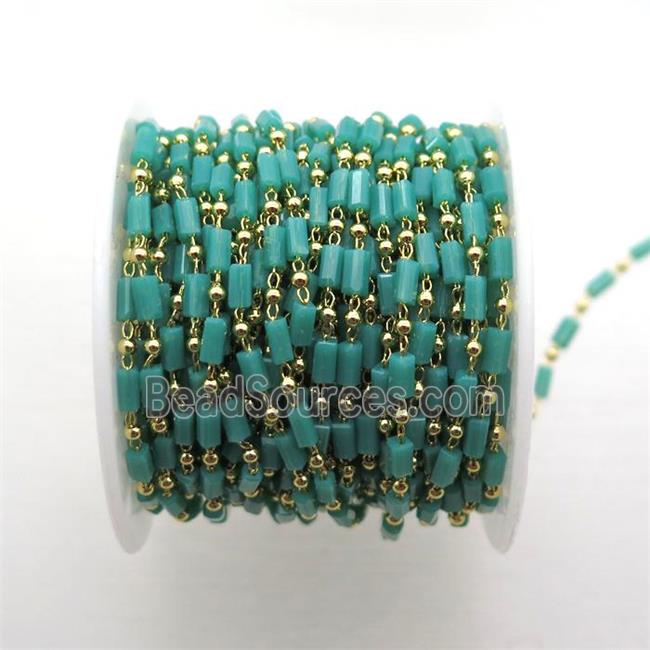 copper chain with green crystal glass beads, tube, gold plated