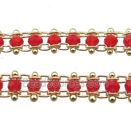 copper chain with red crystal glass beads, tube, gold plated