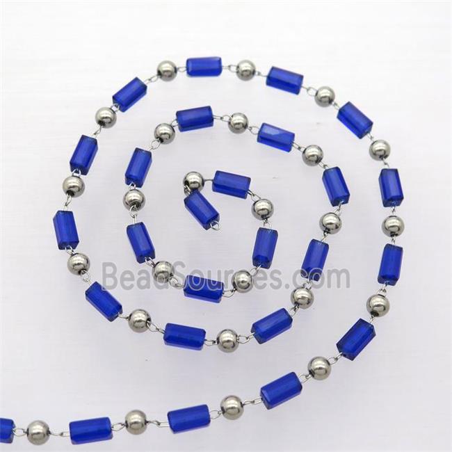 raw stainless steel chain with blue crystal glass