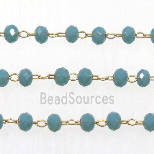 brass chain with peacock green Chinese Crystal Glass rondelle beads